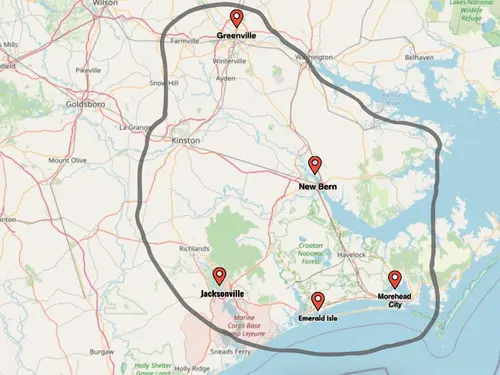 Eastline Pest Management service area map covering Greenville, New Bern, Jacksonville, Morehead City, and Emerald Isle, NC